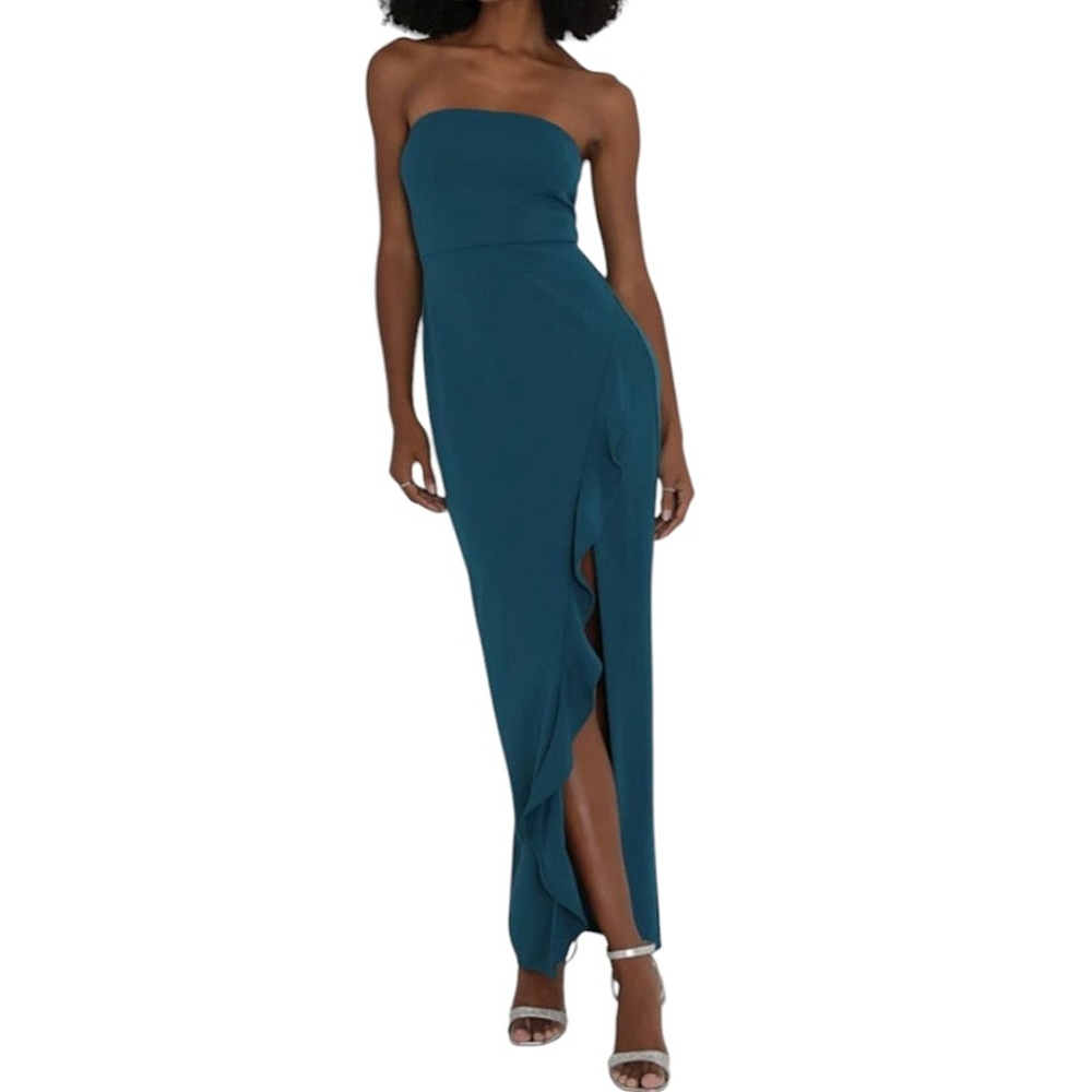 Lulus Teal Strapless Ruffled Maxi Dress